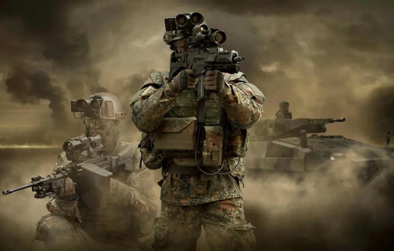 Фото обои soldiers, weapons, tank, equipment
