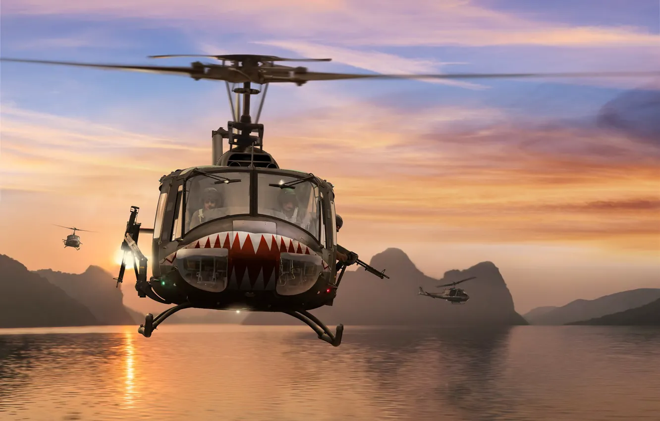 Фото обои США, Вертолёт, Bell UH-1 Iroquois, Боевой вертолёт, UH-1B