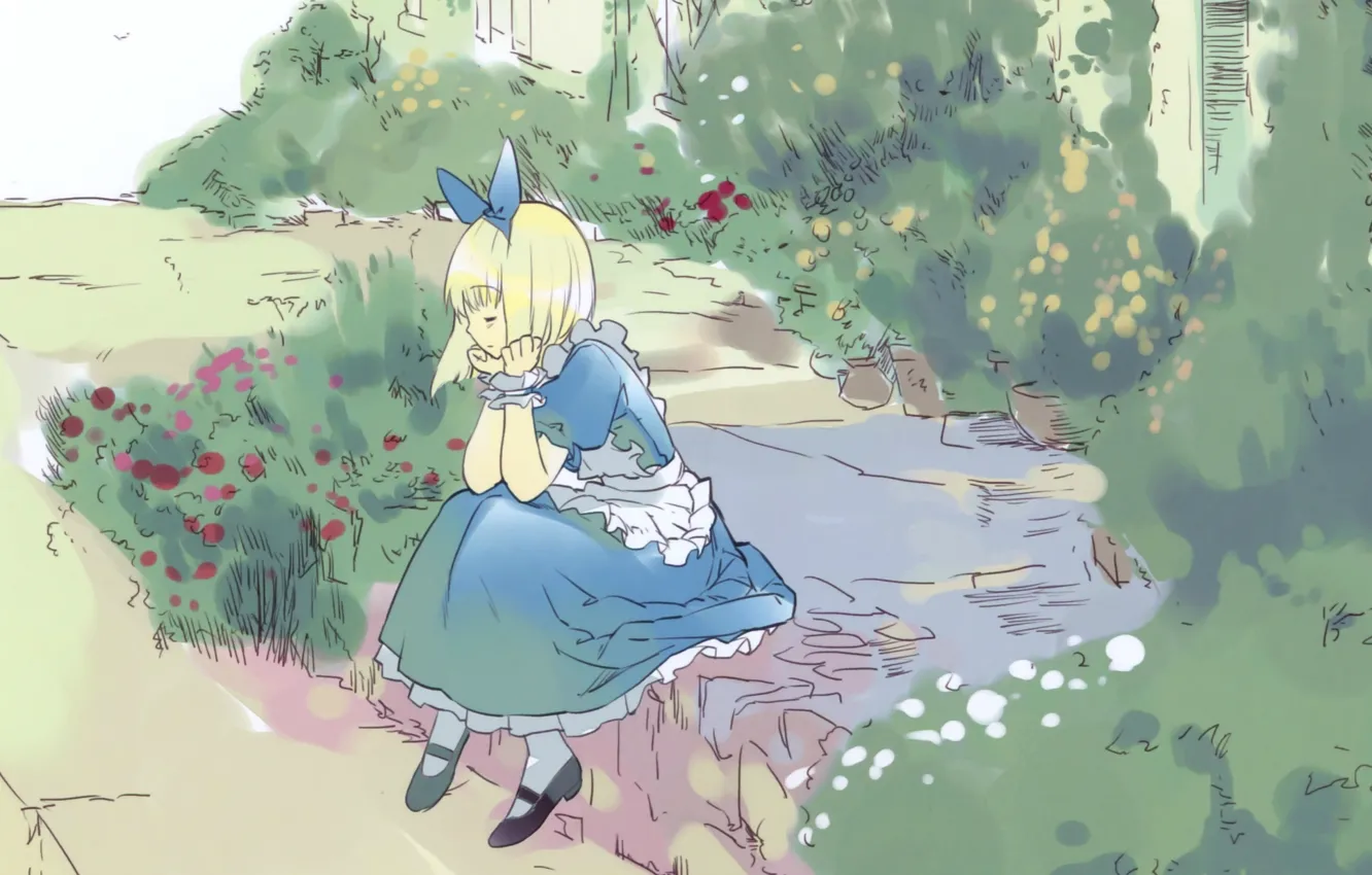 Фото обои алиса, цветочки, лужайка, art, фартук, alice in wonderland, голубое платье, ueda ryou