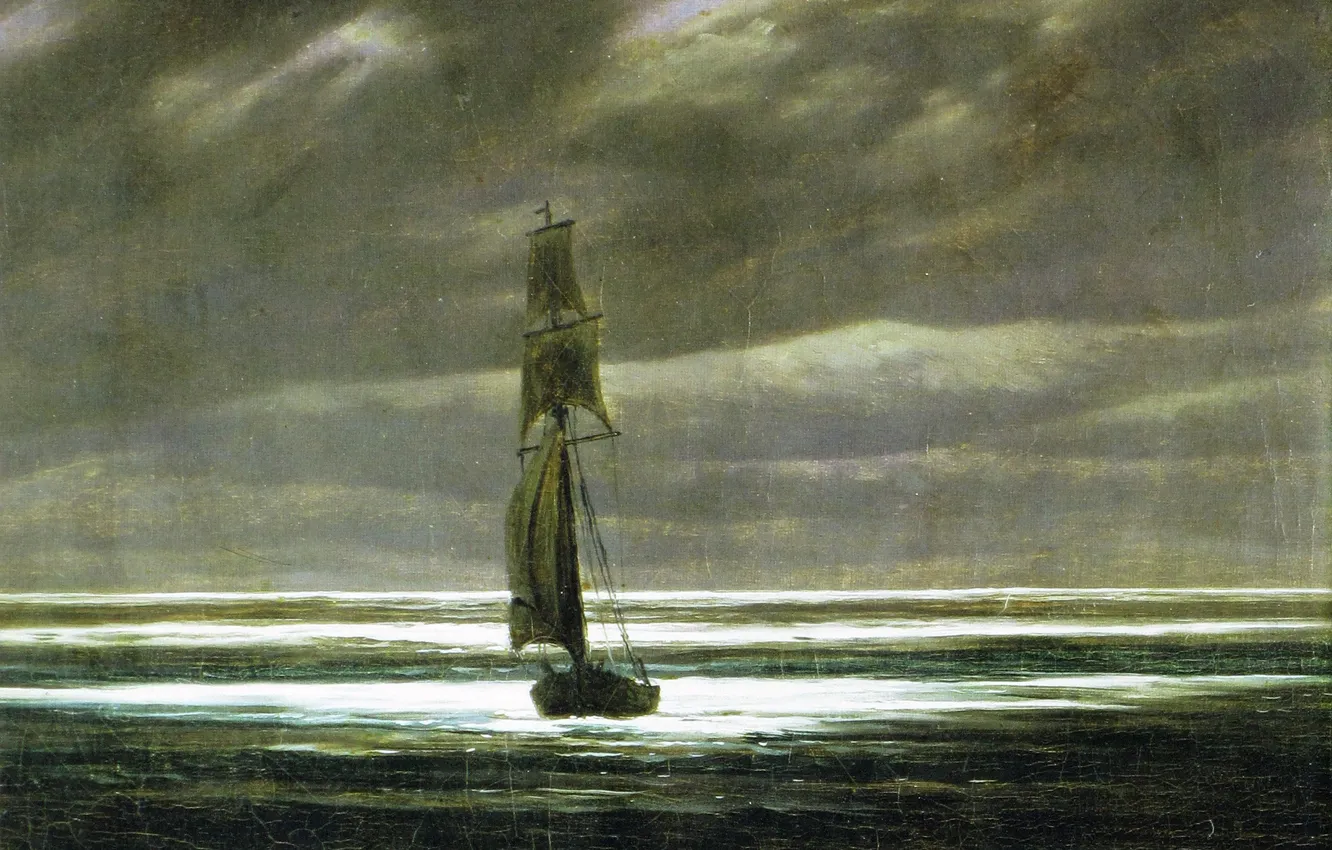 Фото обои корабль, картина, парус, морской пейзаж, Каспар Давид Фридрих, Берег Моря в Лунном Свете