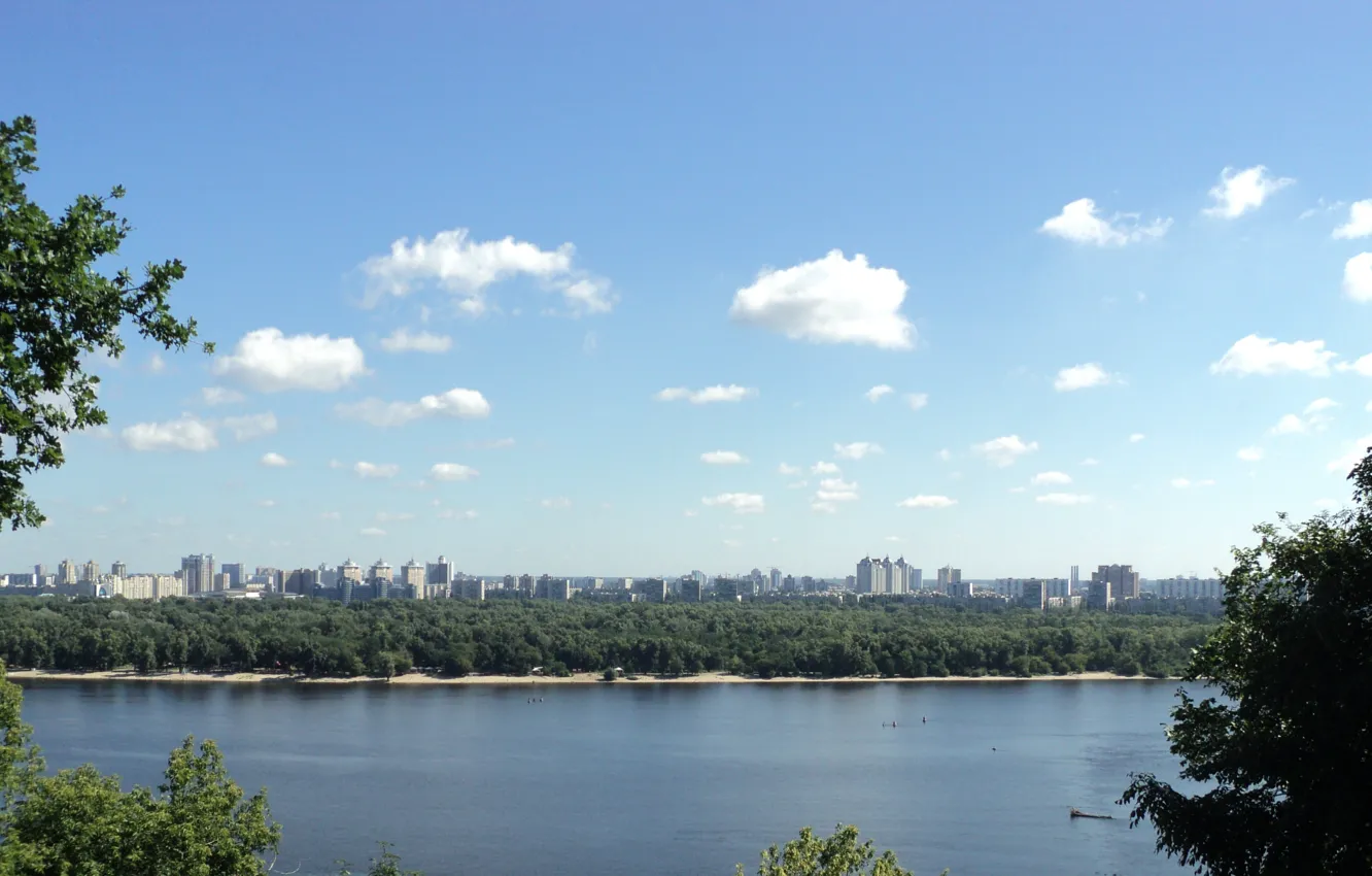 Фото обои лето, река, Киев, Днепр, панорама высота, Киево-Печерская Лавра