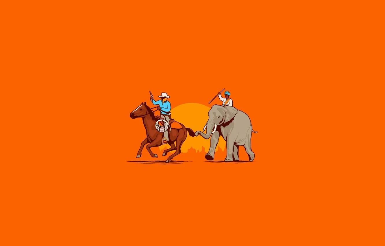 Фото обои оранжевый, оружие, фон, конь, слон, минимализм, ковбой