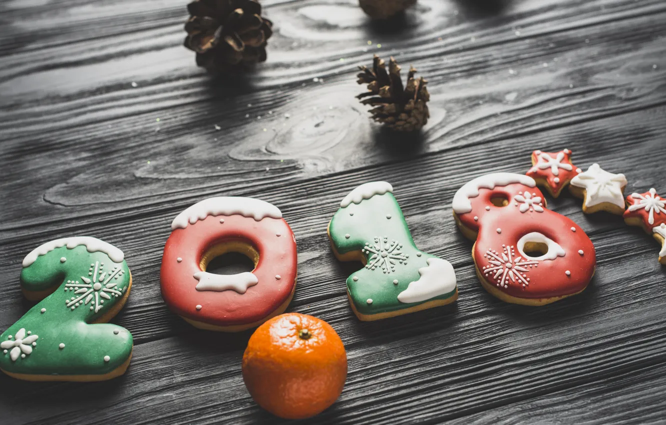 Фото обои праздник, печенье, мандарин, новый год 2018