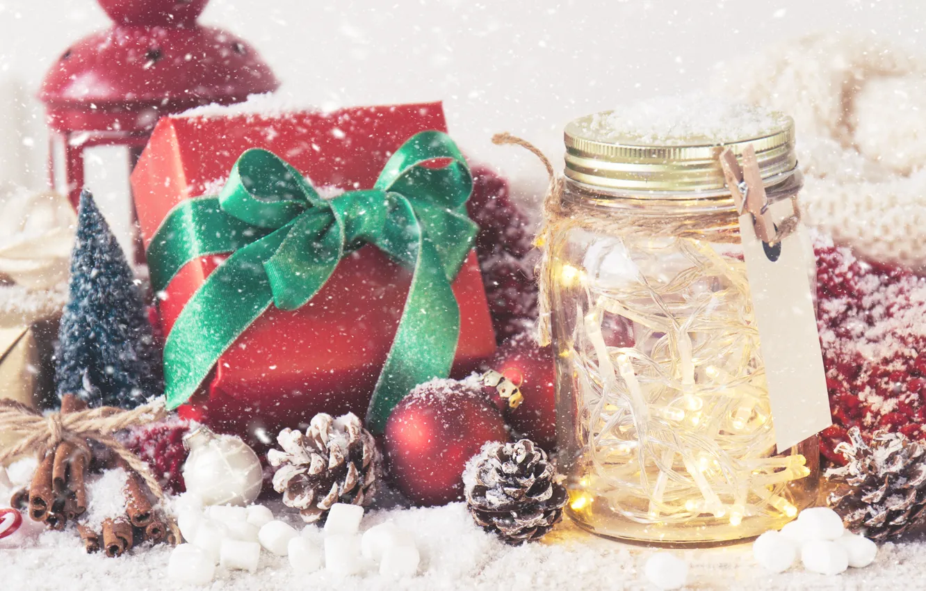 Фото обои зима, снег, праздник, Новый Год, Рождество, лента, подарки, Christmas