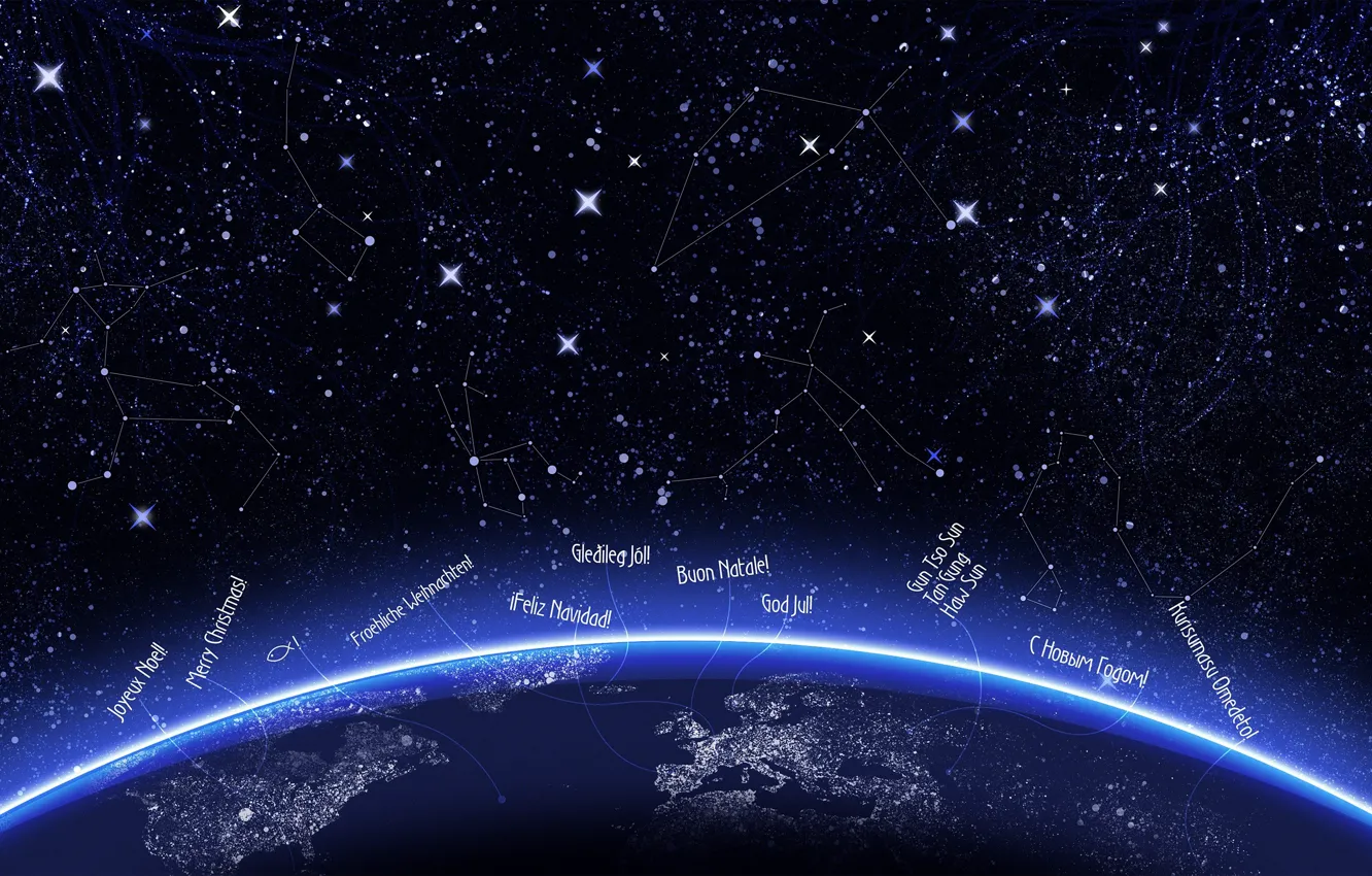 Фото обои звезды, свет, планета, неон, с новым годом