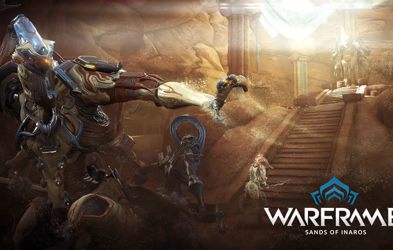 Фото обои песок, лестница, существа, солдаты, киборги, персонажи, гробница, Warframe