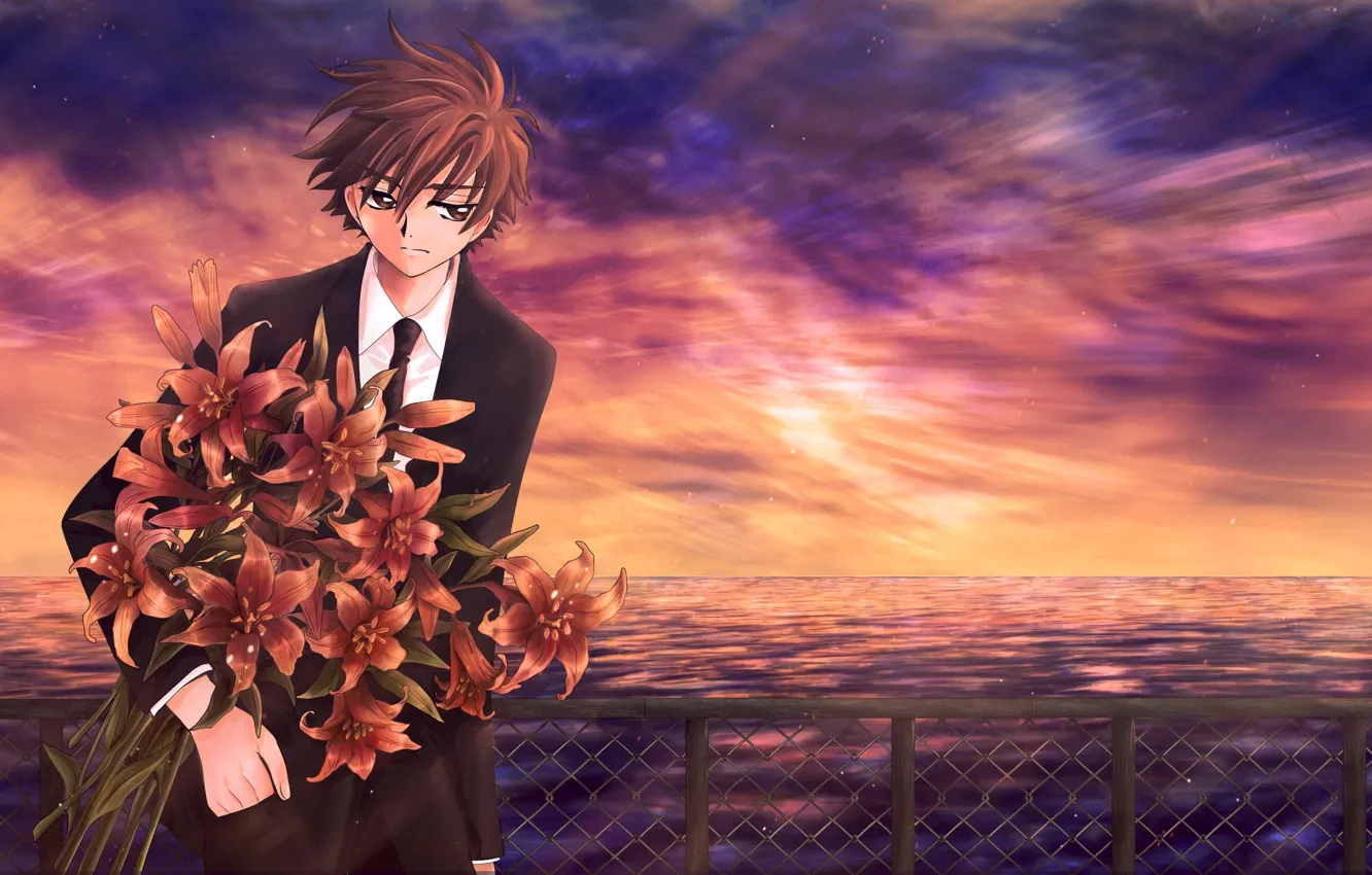 Фото обои закат, цветы, букет, аниме, арт, парень, Tsubasa Reservoir Chronicles