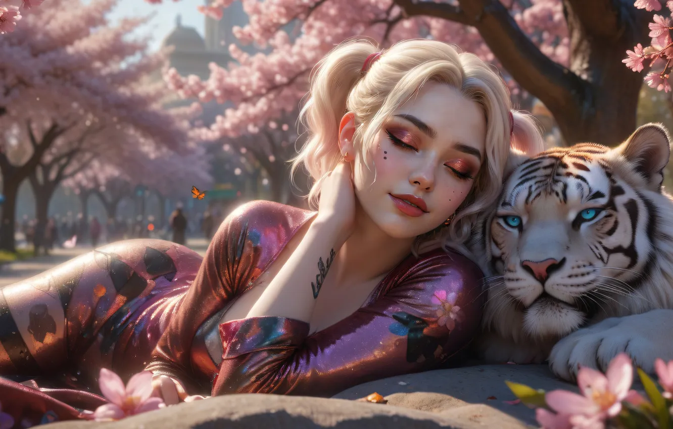 Фото обои girl, tiger, blonde, ponytails, ai art