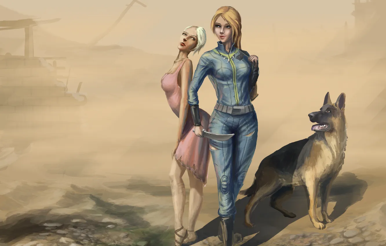Фото обои девушки, собака, арт, ножик, Fallout 3, пустош