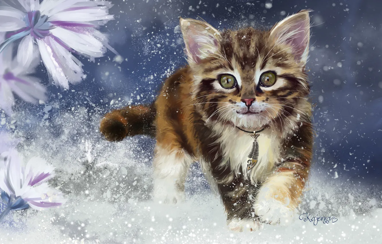 Фото обои взгляд, снег, котенок, арт, живопись, ушки