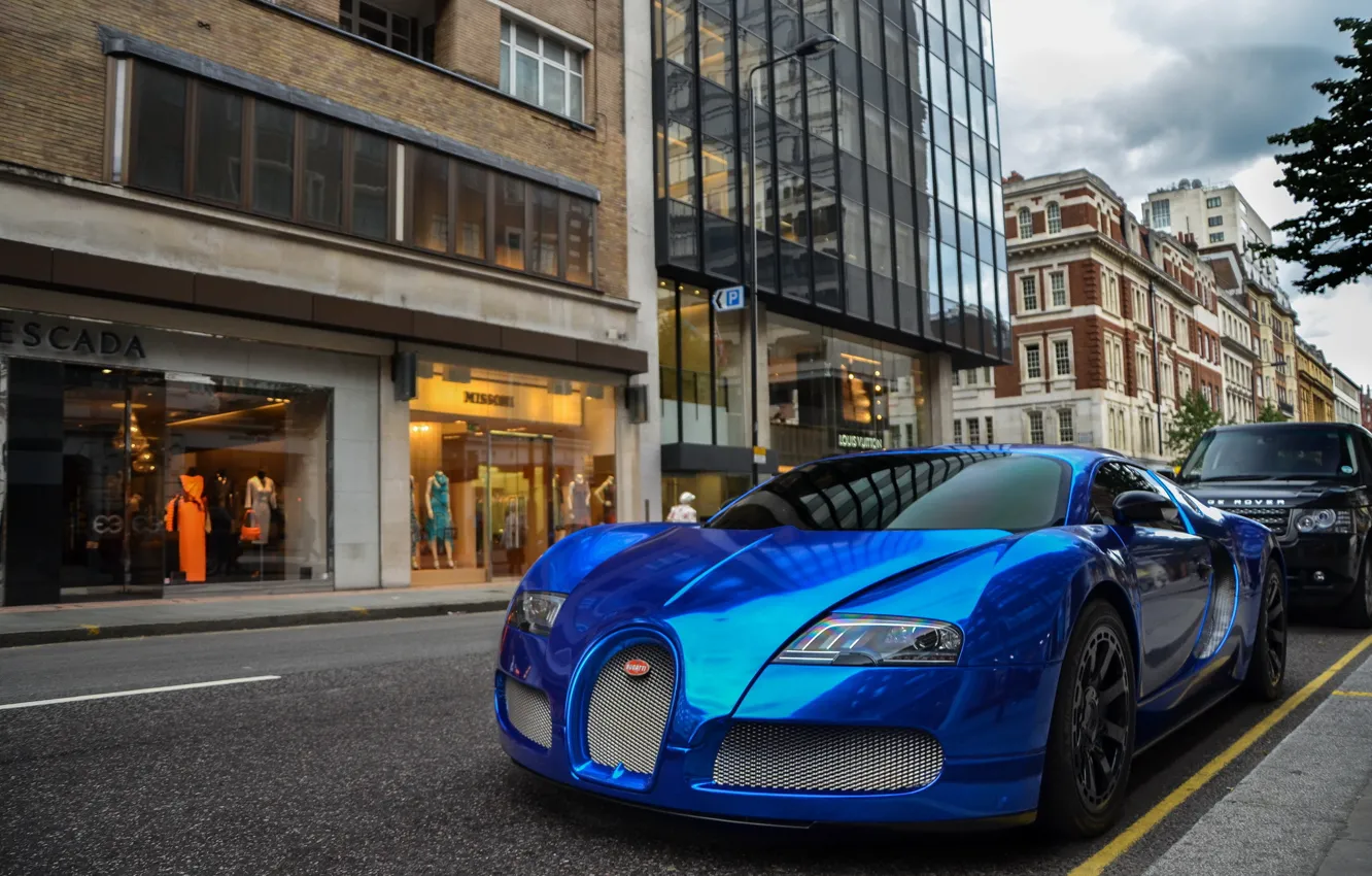 Фото обои синий, Bugatti, Veyron, бугатти, хром, Blue, вейрон, гиперкар