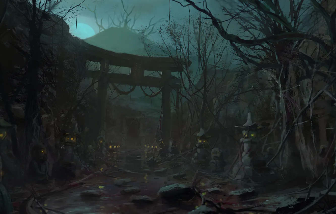 Фото обои Fantasy, japan, mystical, On the demon's trail, Environmental Concept Art & Design, David Honz