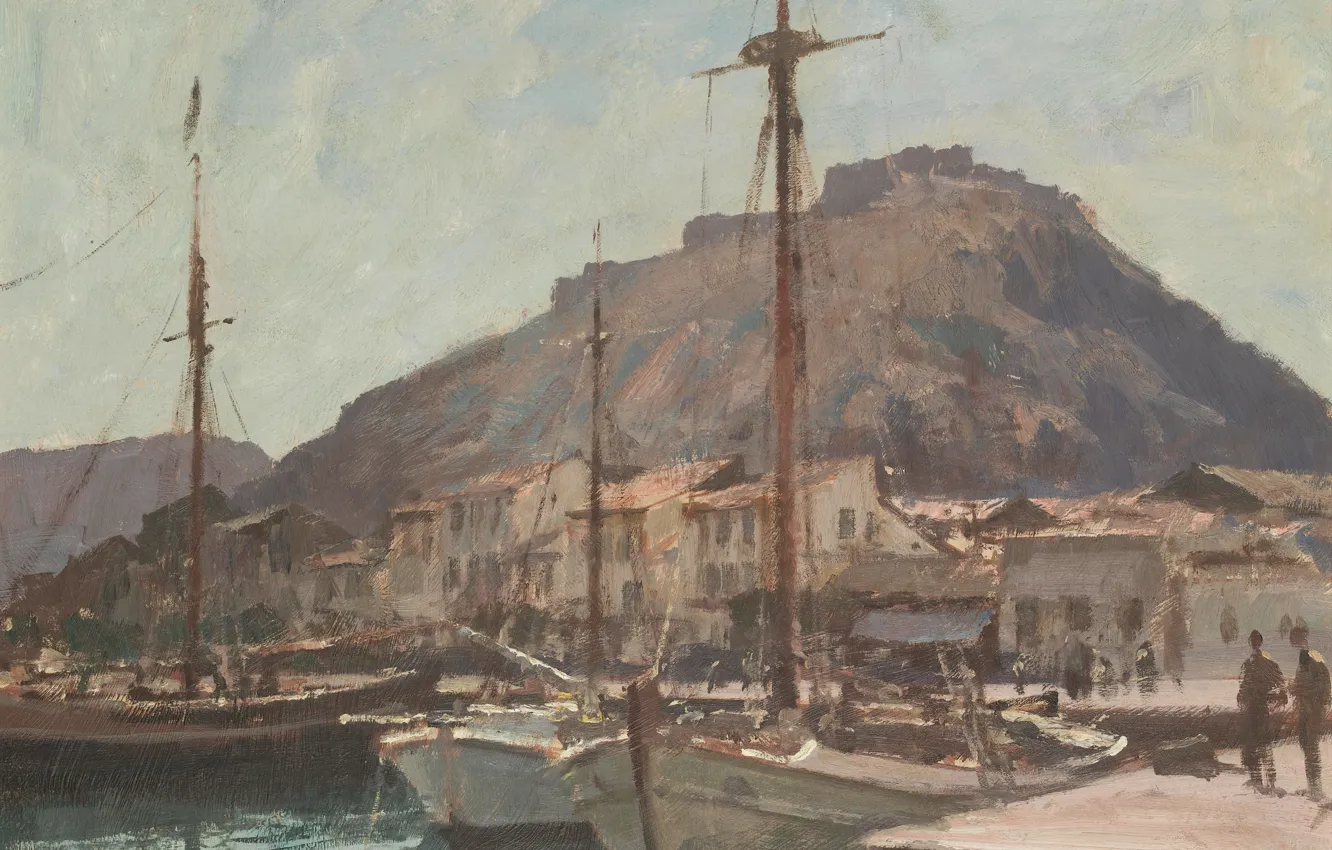 Фото обои пейзаж, гора, дома, картина, лодки, набережная, Эдуард Сиго, Нафплион. Греция