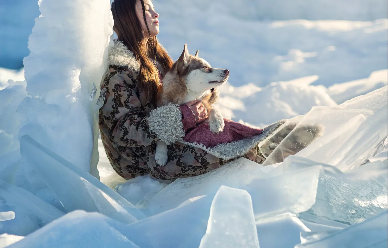 Фото обои зима, девушка, собака, льды, друзья, хаски, закрытые глаза, торосы