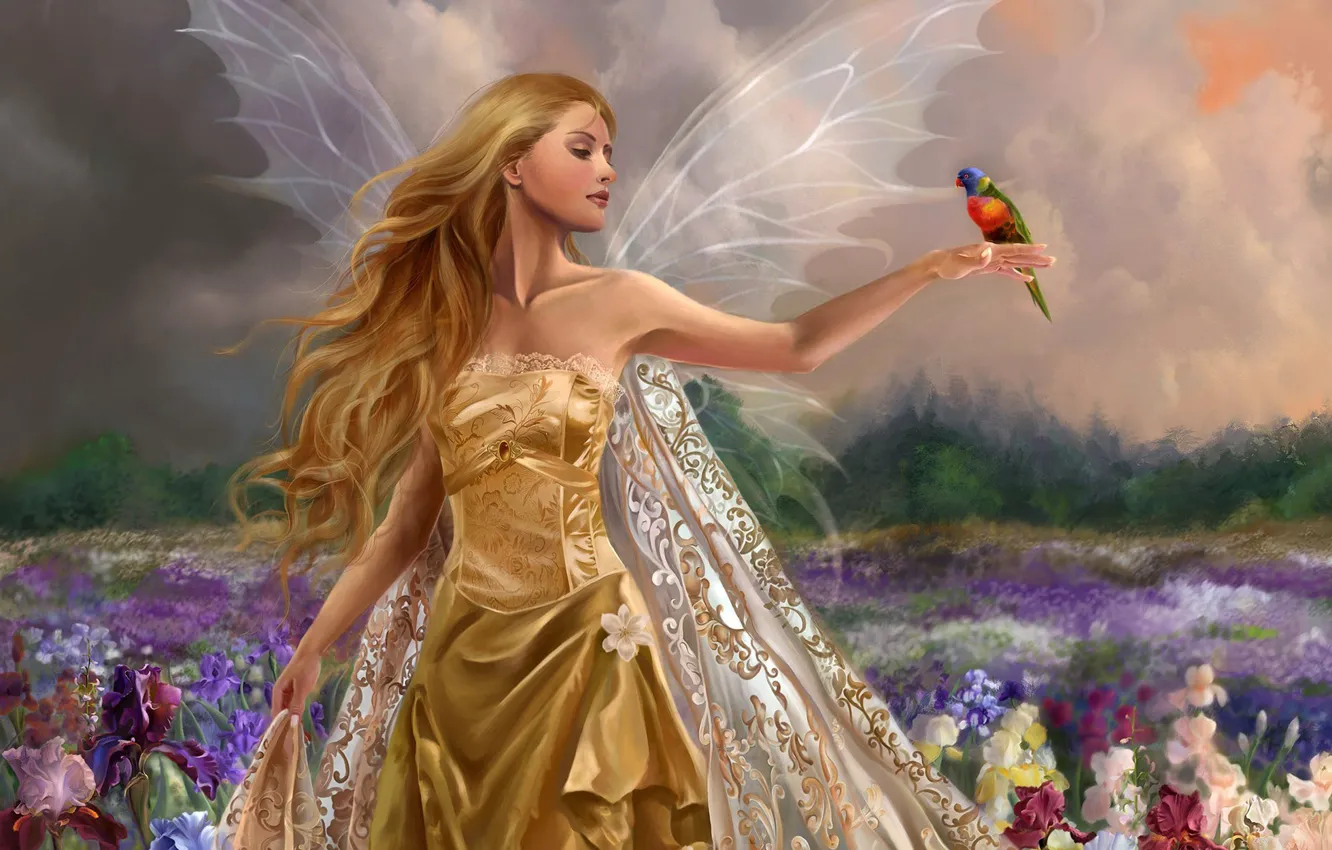 Фото обои поле, лето, небо, цветы, фантазия, фея, мир сказок, прозрачные крылья