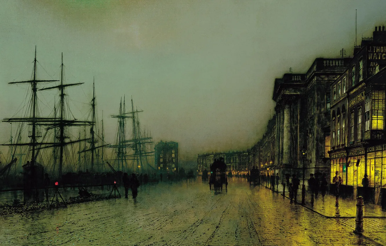 Фото обои корабль, картина, городской пейзаж, Джон Эткинсон Гримшоу, John Atkinson Grimshaw, Canny Glasgow