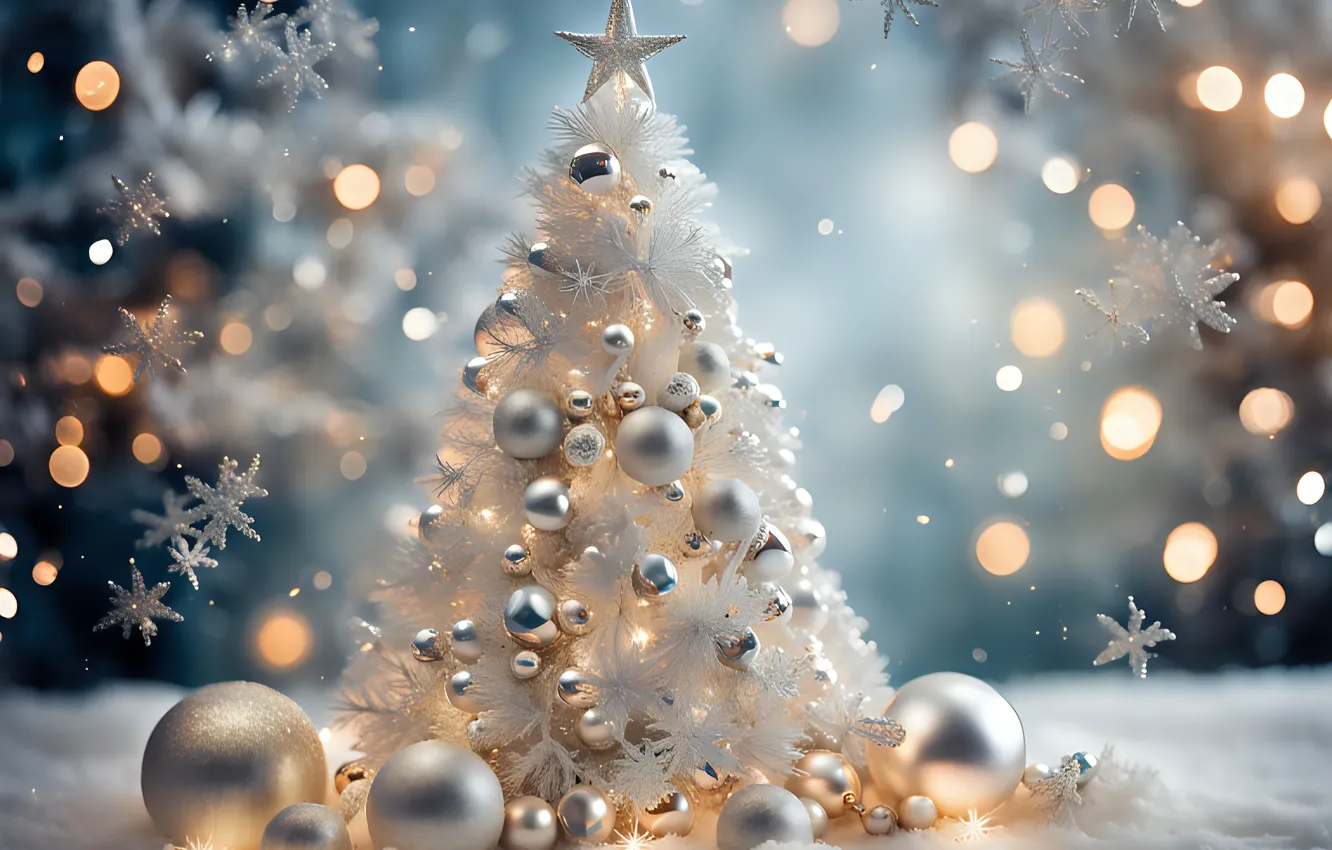 Фото обои зима, снег, украшения, снежинки, lights, шары, Новый Год, Рождество