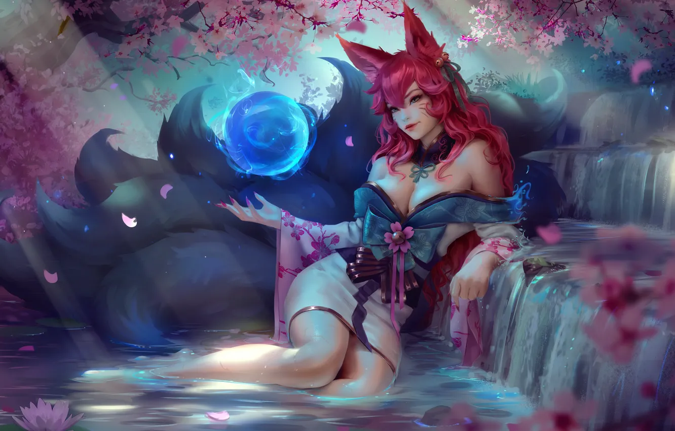 Фото обои вода, девушка, природа, магия, цветение, лисица, League of Legends, Ahri