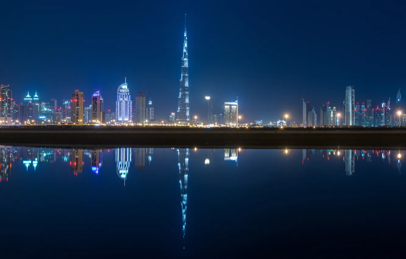 Фото обои огни, отражение, здания, панорама, Дубай, Dubai