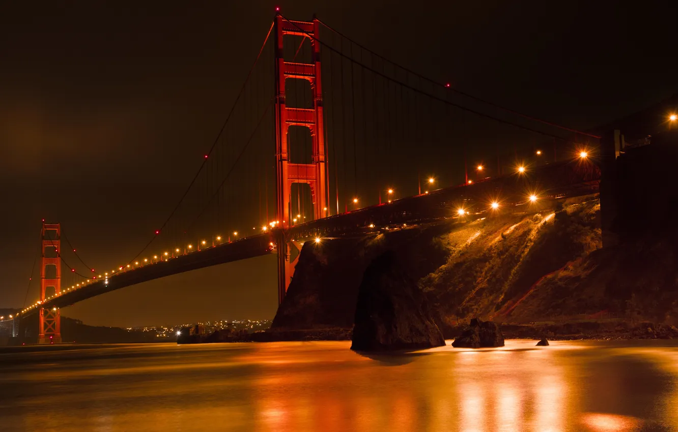 Фото обои ночь, мост, огни, отражение, экспозиция, выдержка, california, night