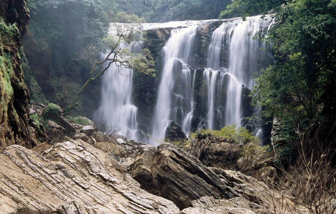 Фото обои лес, камни, водопад, Индия