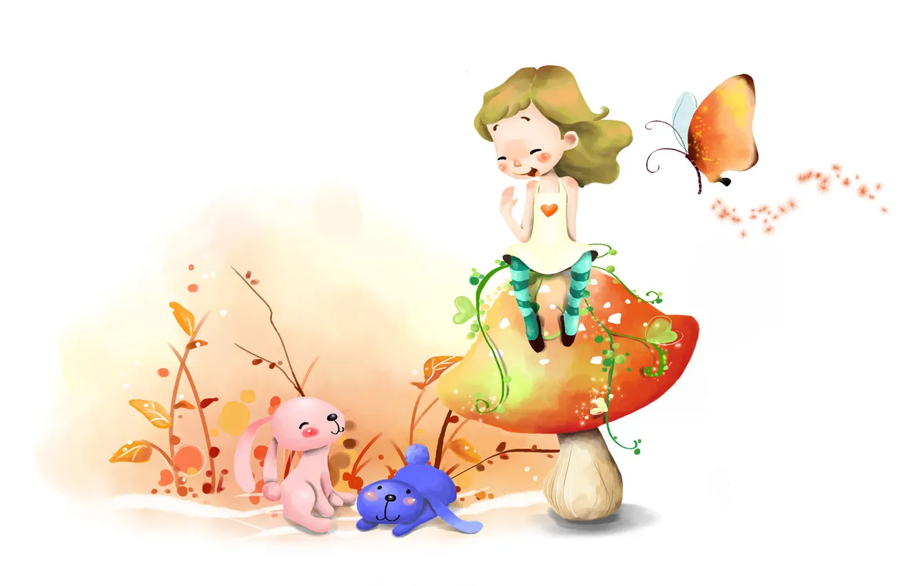 Фото обои листья, ветви, бабочка, рисунок, гриб, смех, позитив, девочка