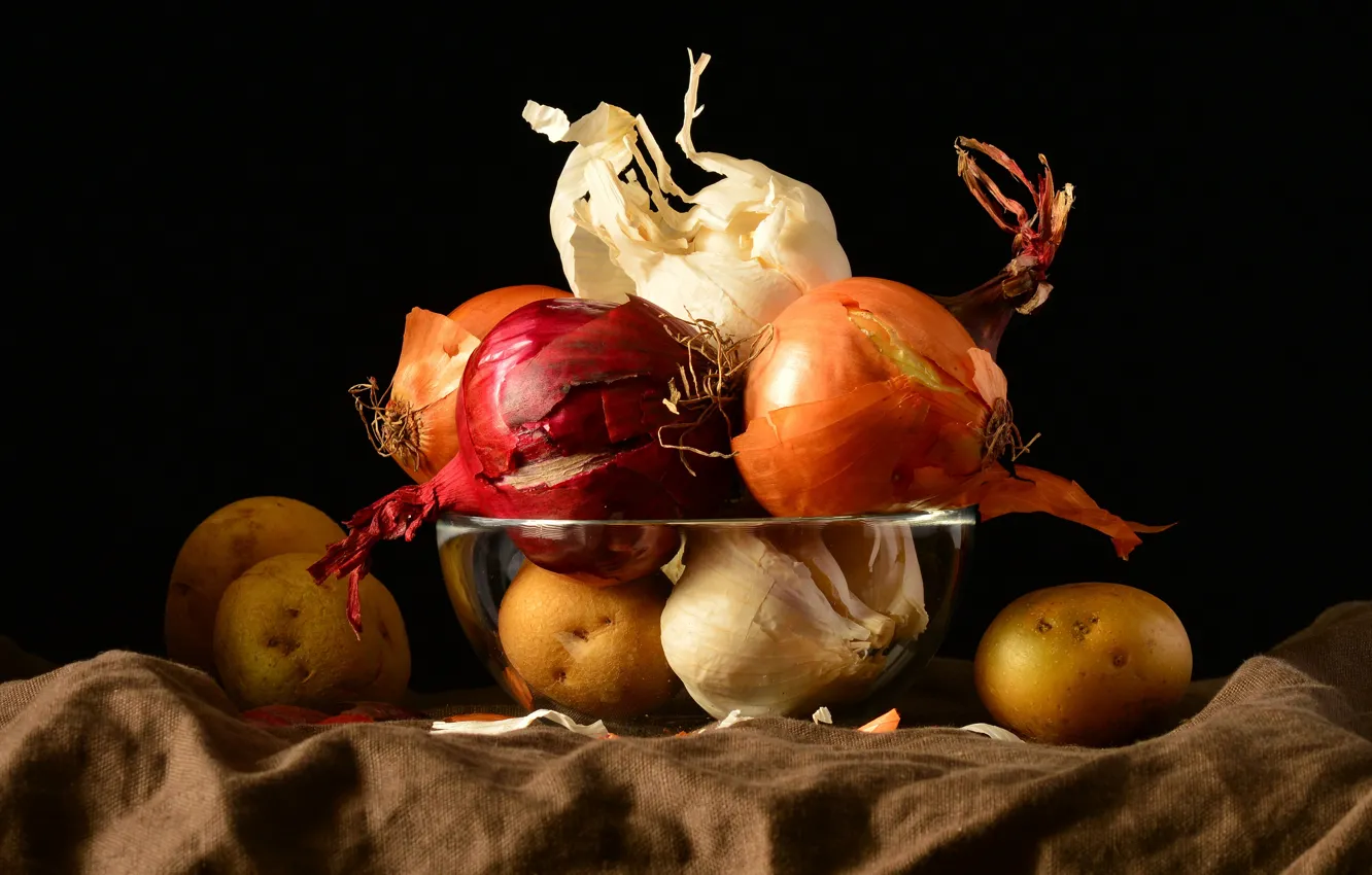 Фото обои еда, лук, черный фон, натюрморт, овощи, разные, композиция, чеснок