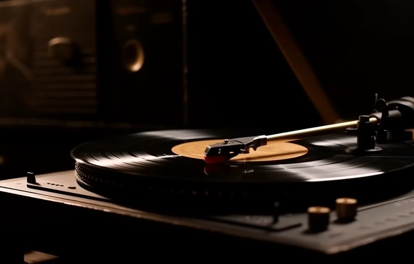 Фото обои свет, ретро, музыка, темный фон, проигрыватель, винил, пластинка, цифровое искусство