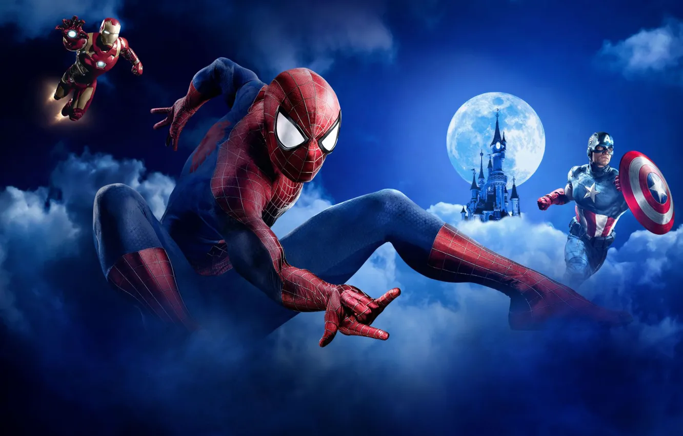 Фото обои небо, облака, ночь, замок, коллаж, луна, фотошоп, супергерой