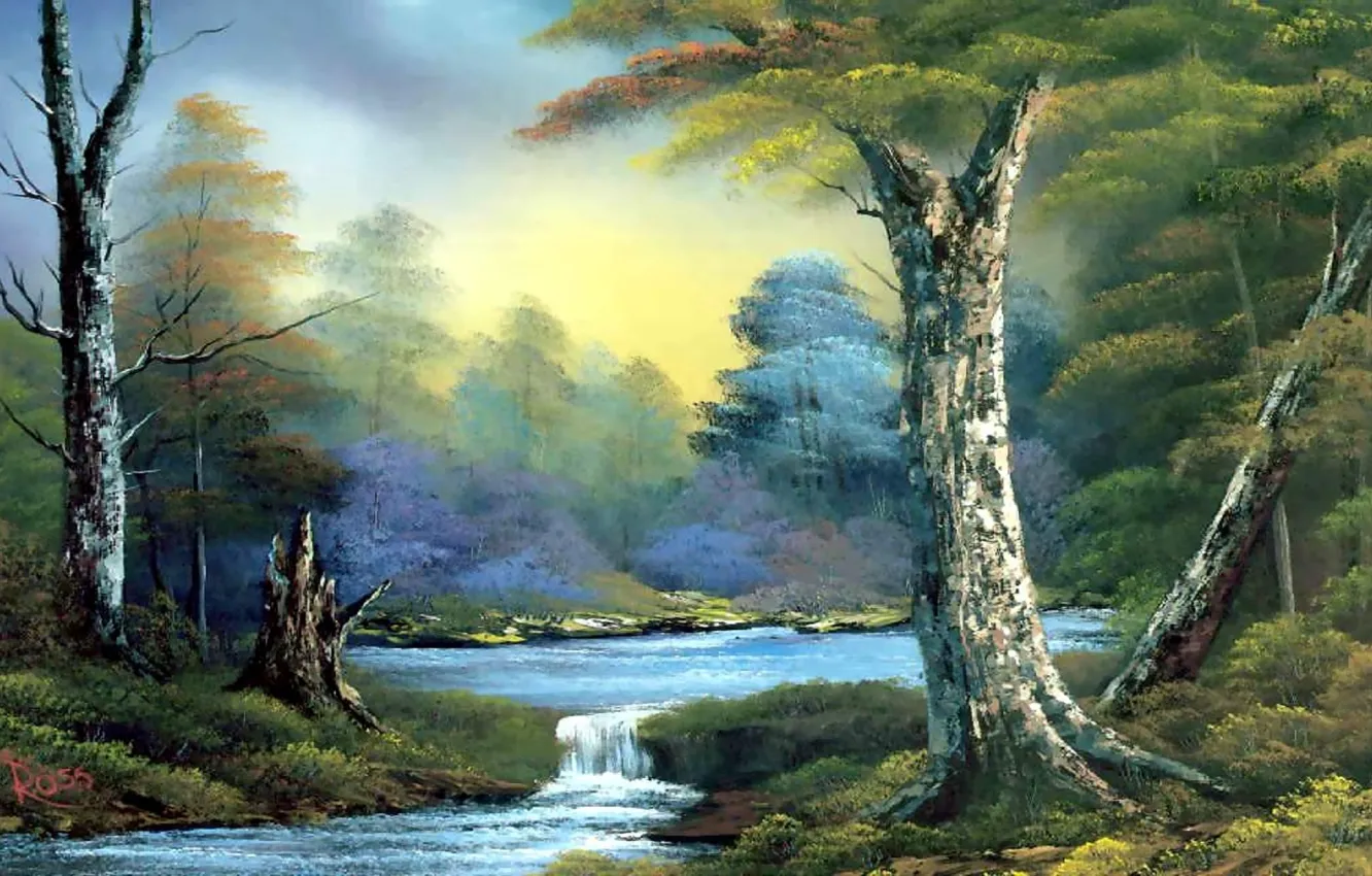 Фото обои лес, небо, вода, деревья, пейзаж, ветки, река, ручей