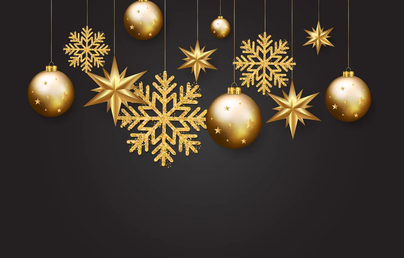 Фото обои золото, шары, Новый Год, golden, черный фон, black, balls, background