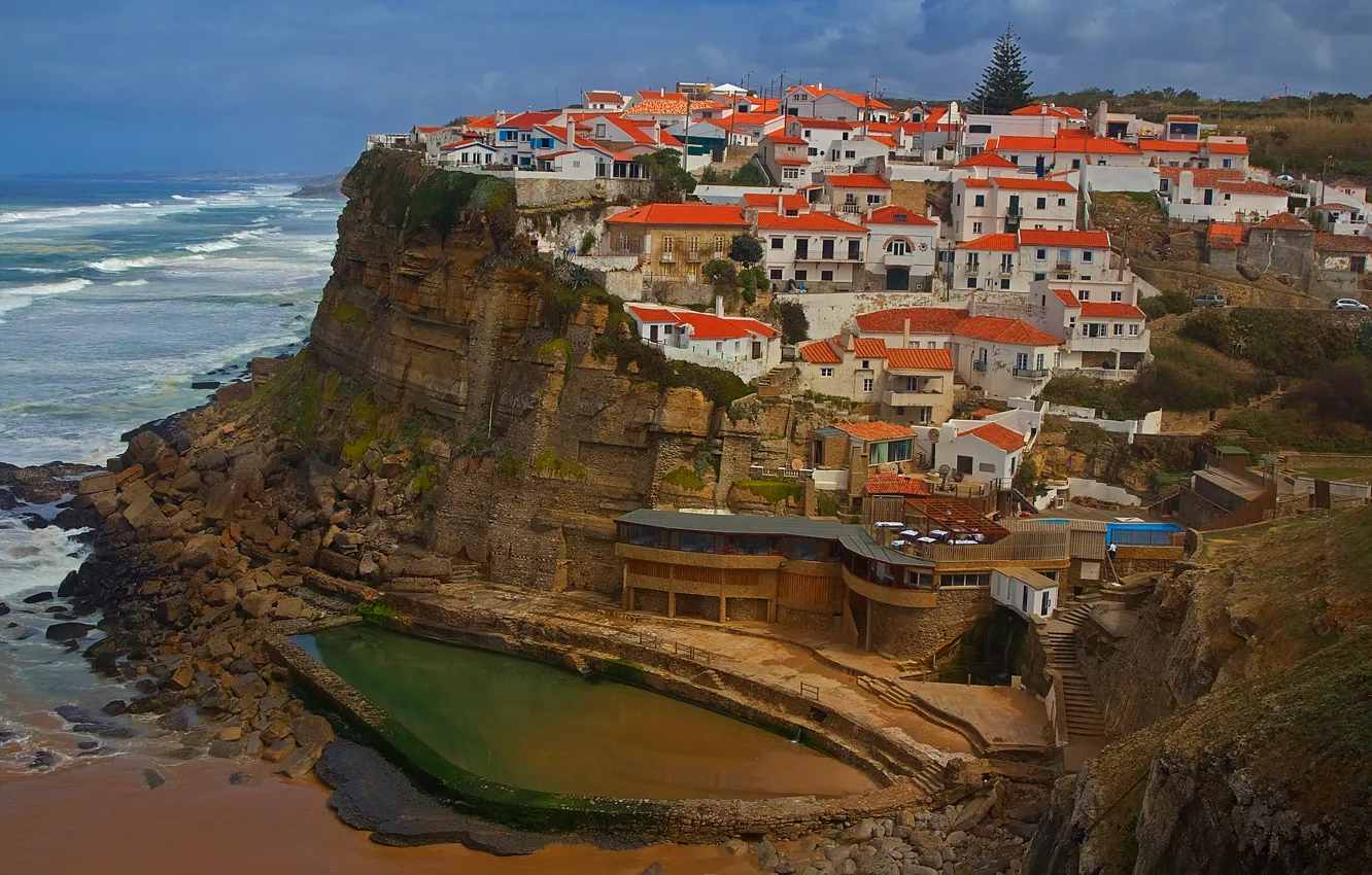Фото обои море, скала, дома, Португалия, Лиссабон, Azenhas do Mar