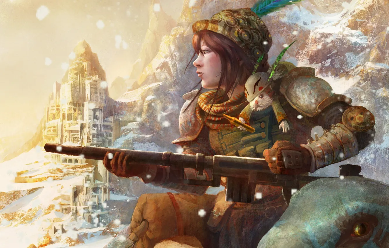 Фото обои девушка, снег, горы, оружие, перо, шапка, кролик, патрон
