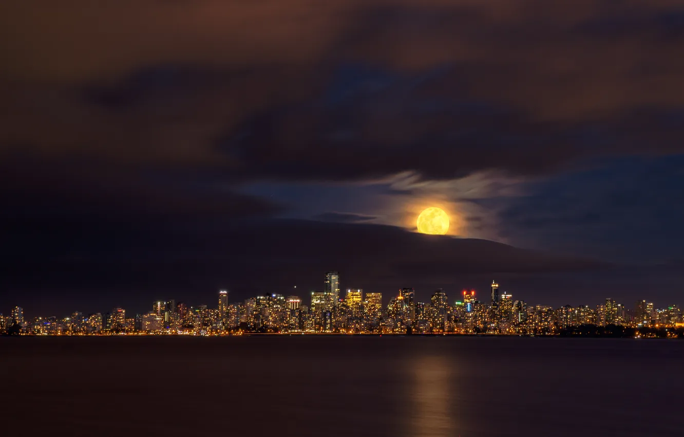 Фото обои ночь, город, огни, панорама, Downtown, Vancouver