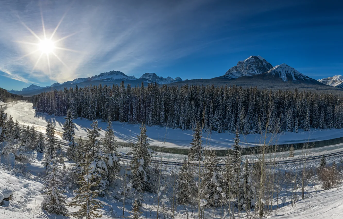 Фото обои зима, лес, горы, река, долина, Канада, панорама, Альберта