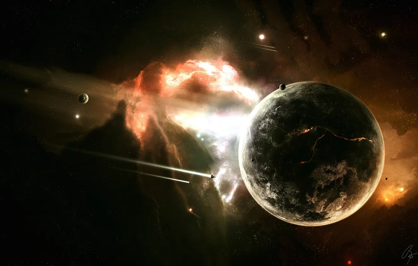 Фото обои космос, взрыв, планета, ракеты, разлом