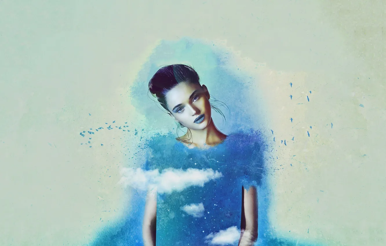 Фото обои взгляд, облака, птицы, краски, модель, Rosie Tupper