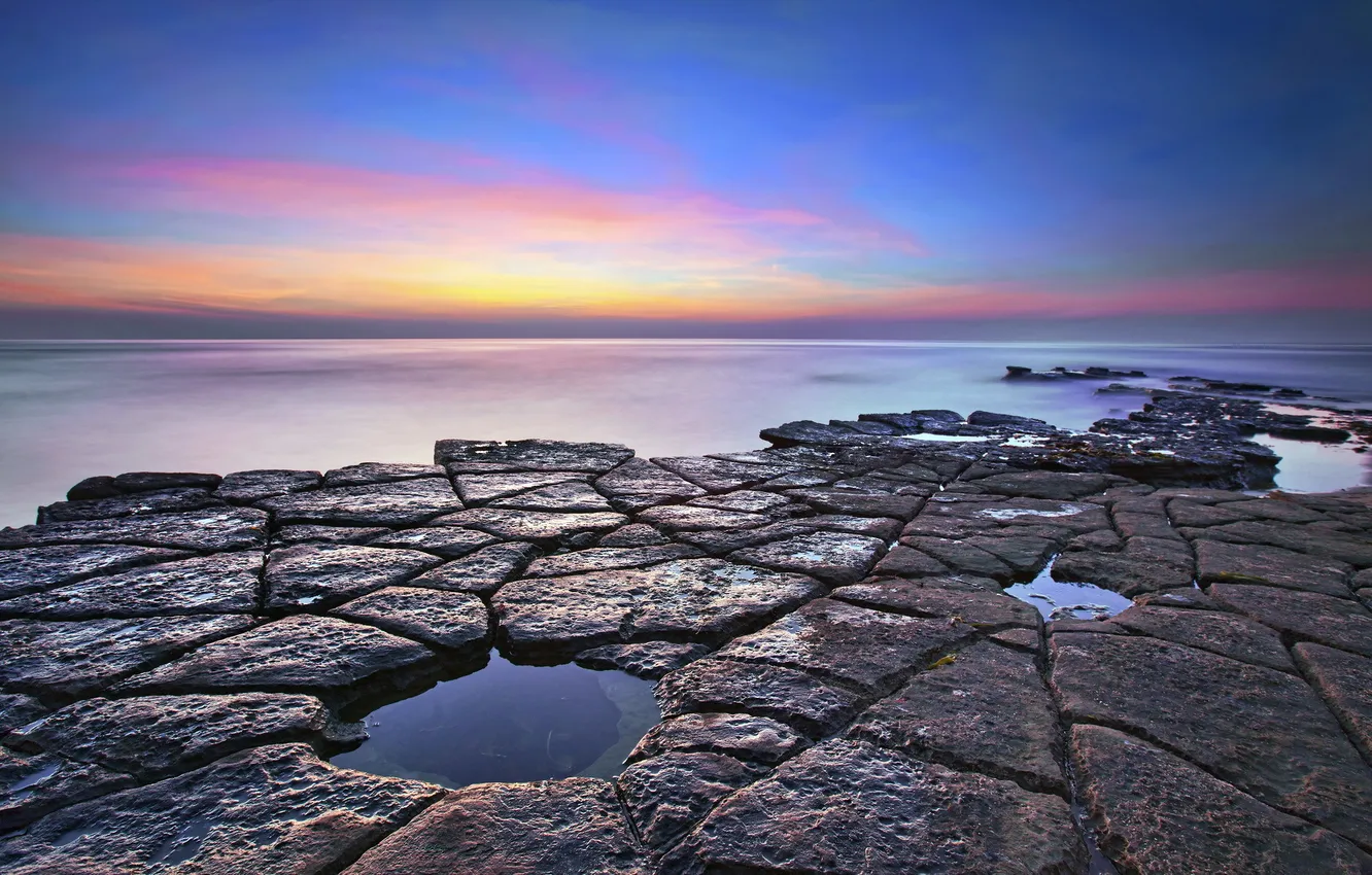 Фото обои море, пейзаж, закат, скалы