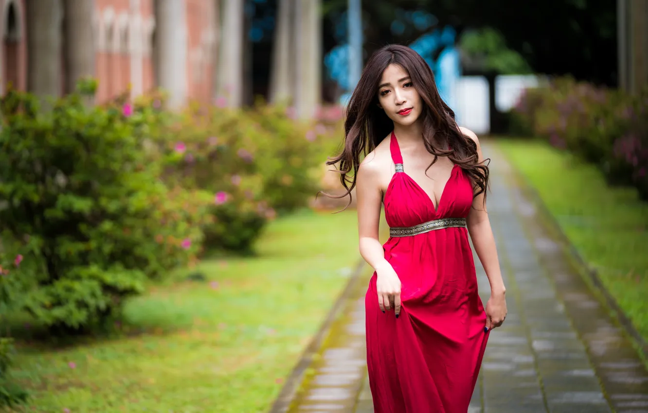 Фото обои лето, девушка, красное, модель, платье, азиатка