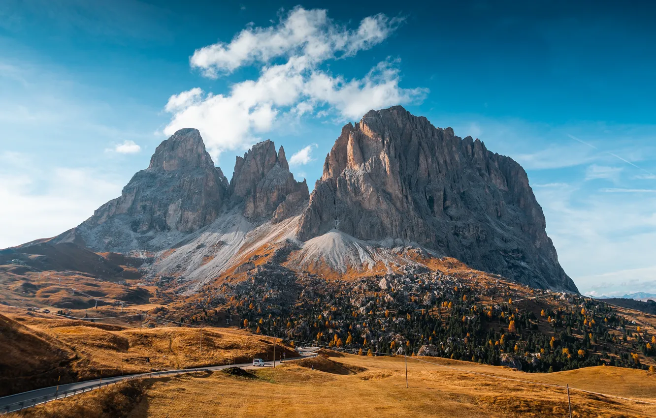Фото обои road, Italy, autumn, Dolomites, mounts