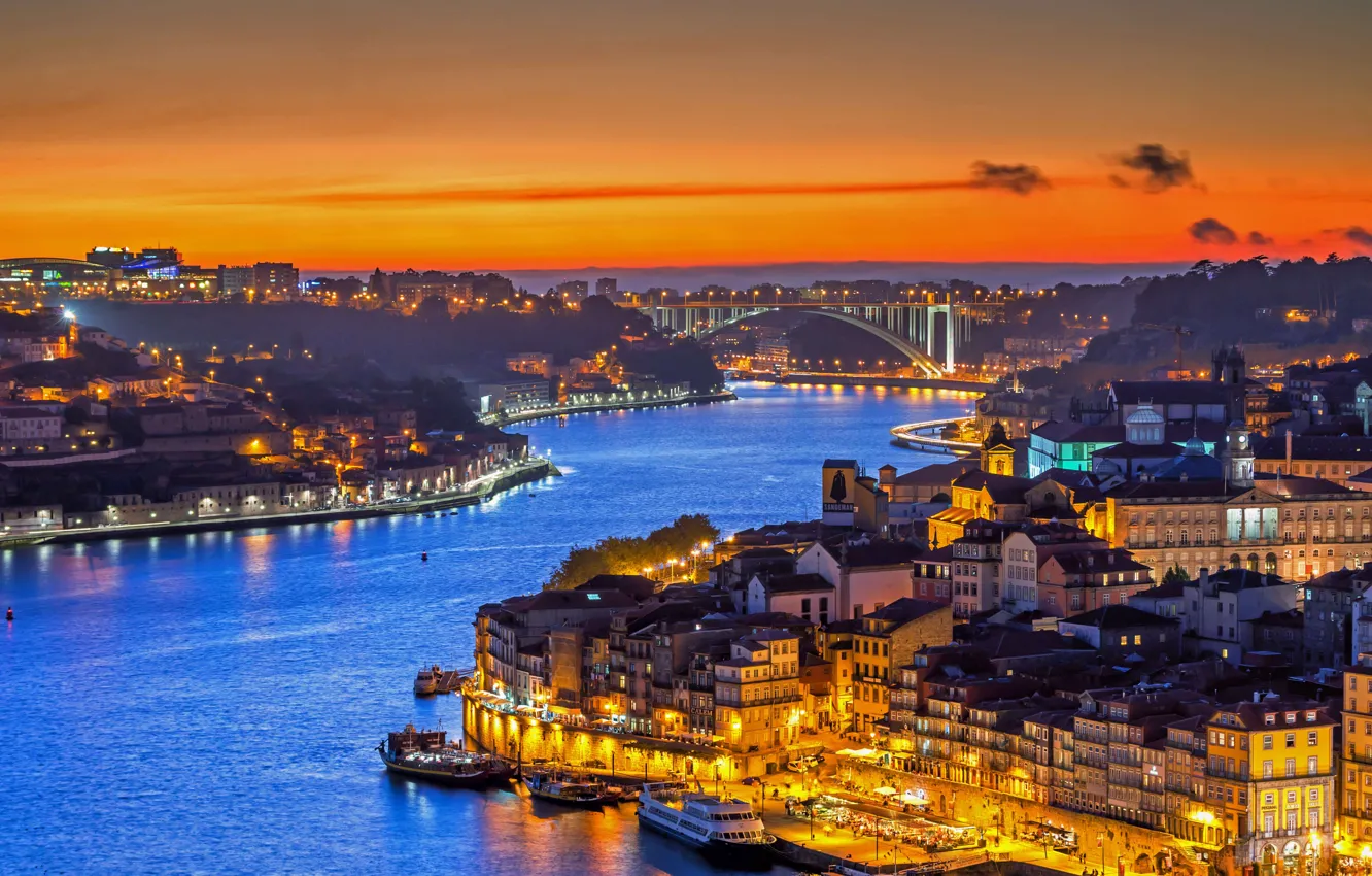 Фото обои мост, огни, панорама, Португалия, Порту