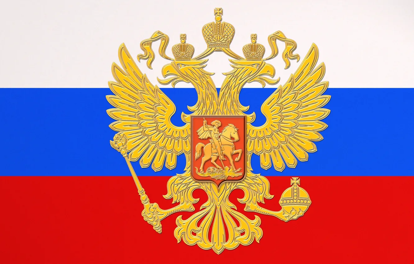 Фото обои Флаг, Триколор, Герб, Россия