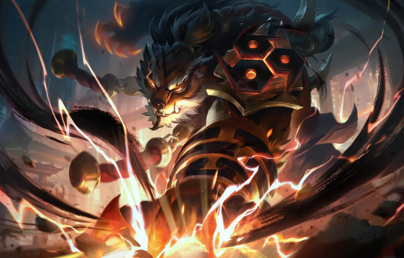 Фото обои Существо, Тигр, Воин, League of Legends, Магический