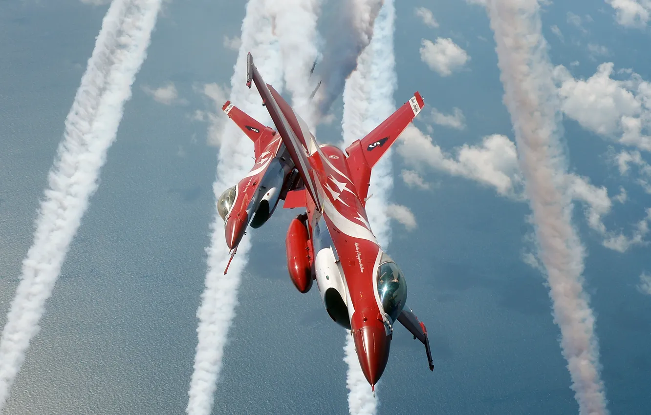 Фото обои Истребитель, F-16, F-16C, Пилотажная группа, ВВС Сингапура, Чёрные Рыцари, F-16C Fighting Falcon, Black Knights