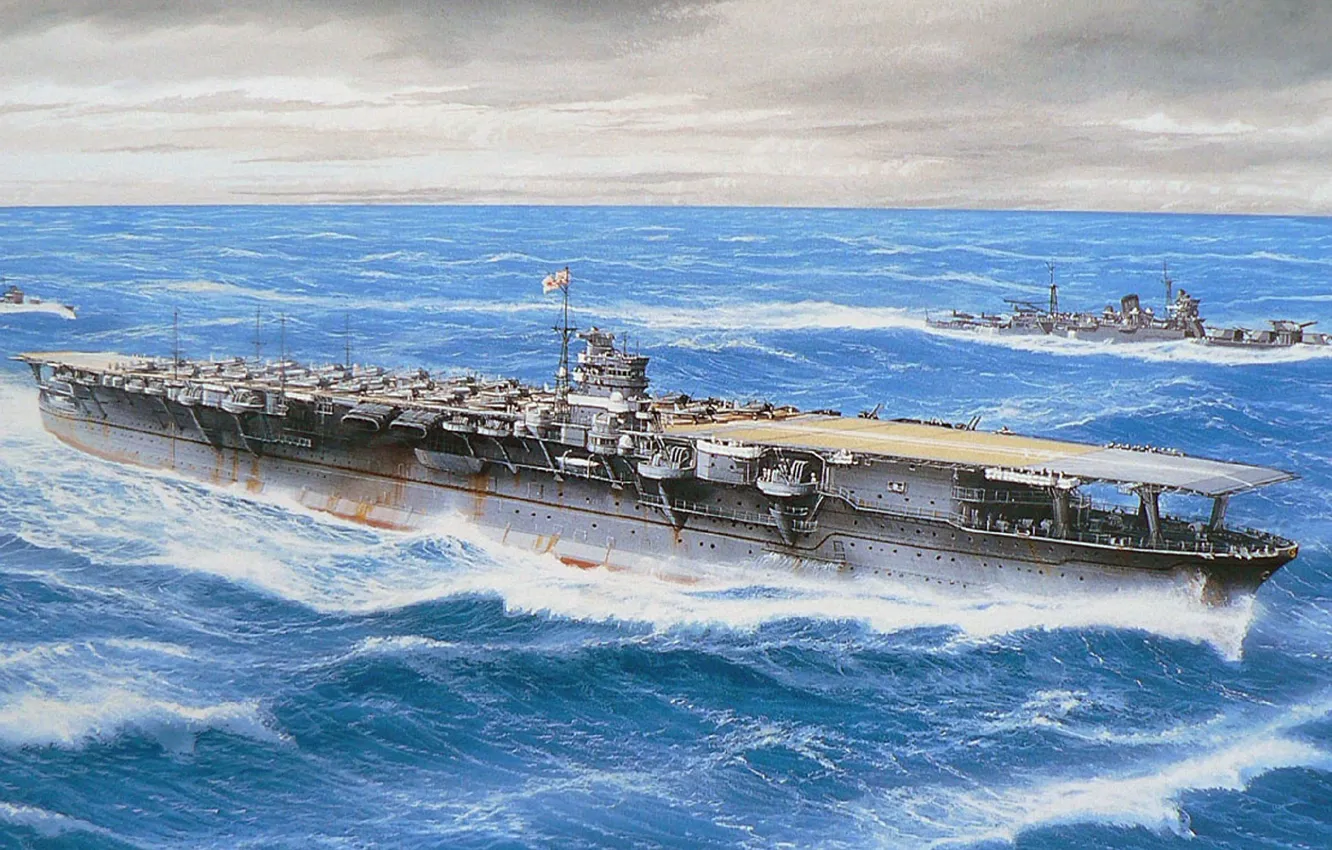 Фото обои корабль, арт, авианосец, флот, военный, крейсер, японский, эсминец