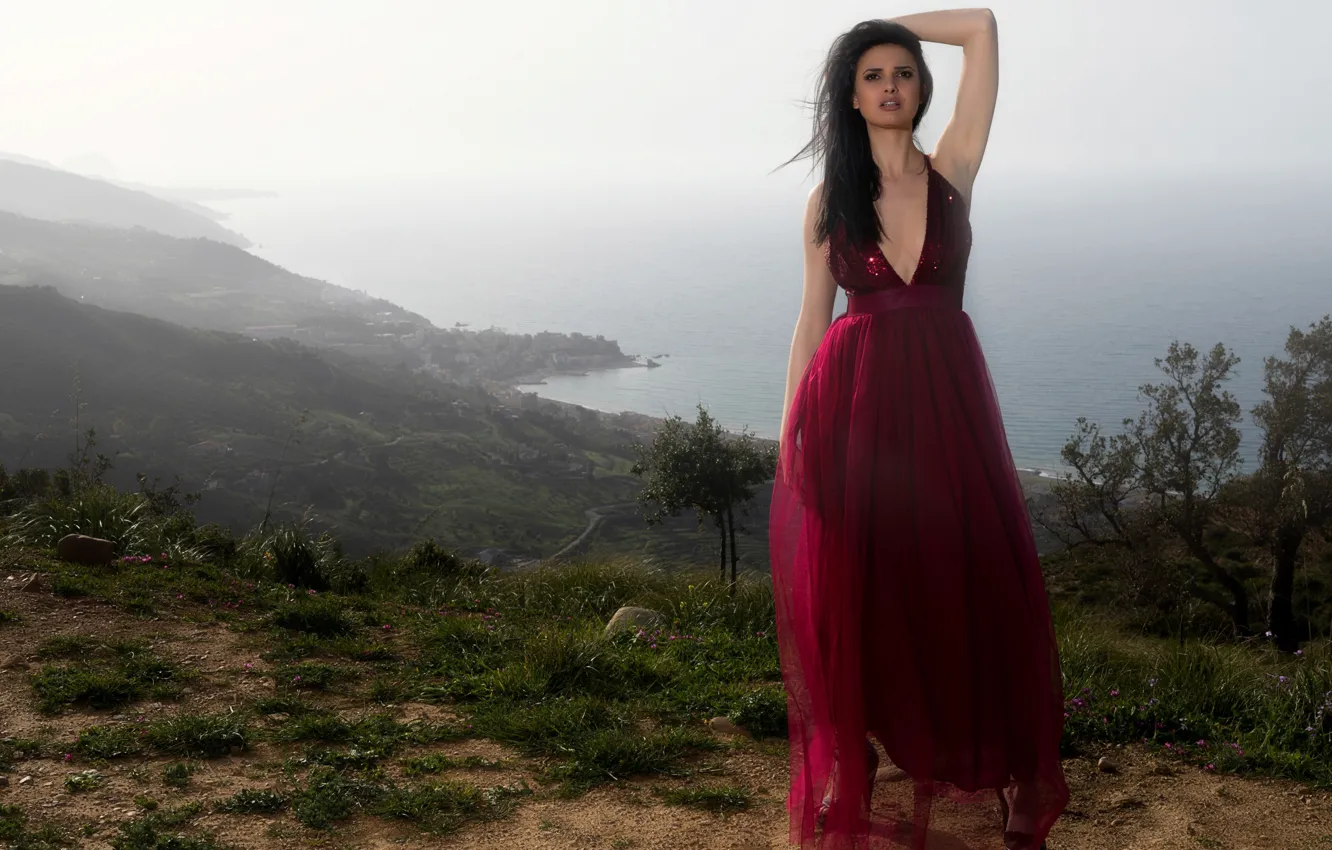 Фото обои Clio, dirt, cleavage, sky, long hair, nature, roads, bushes