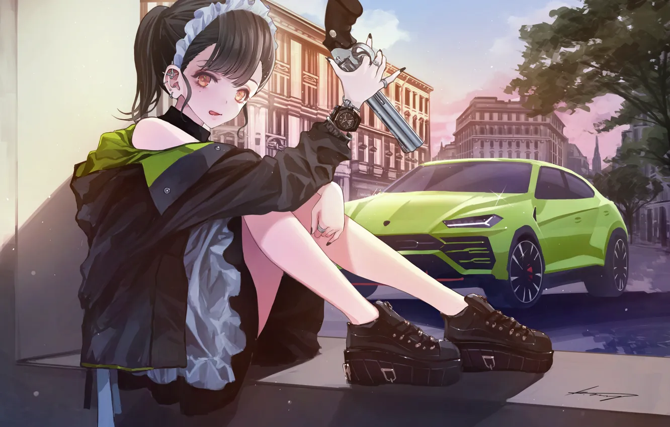 Фото обои девушка, пистолет, юбка, сидит, револьвер, Lamborghini Urus, револьвер в руках