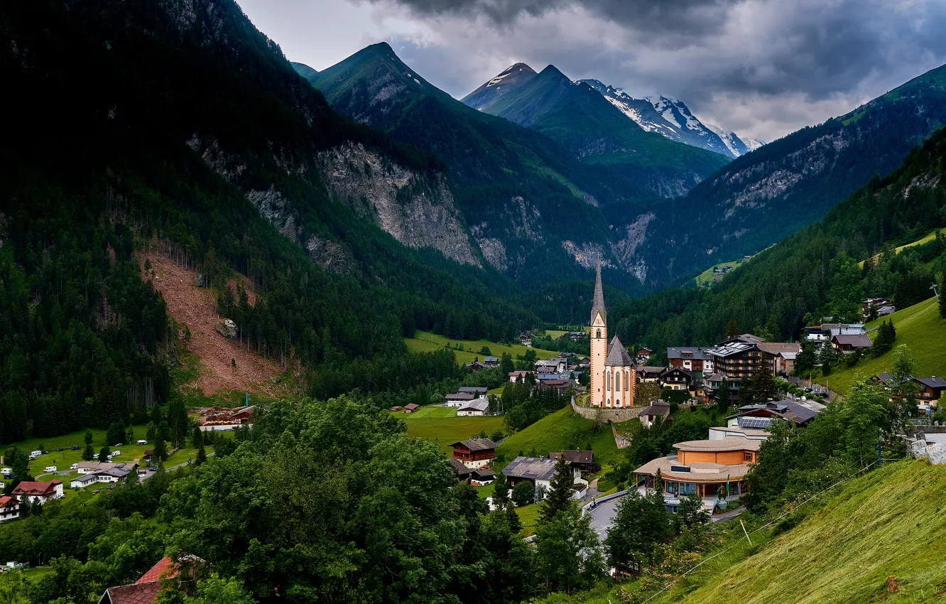 Фото обои горы, здания, дома, Австрия, долина, Альпы, церковь, Austria