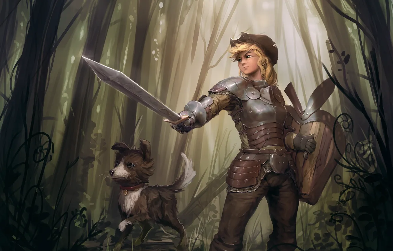 Фото обои лес, девушка, рисунок, собака, меч, доспехи, фэнтези, арт