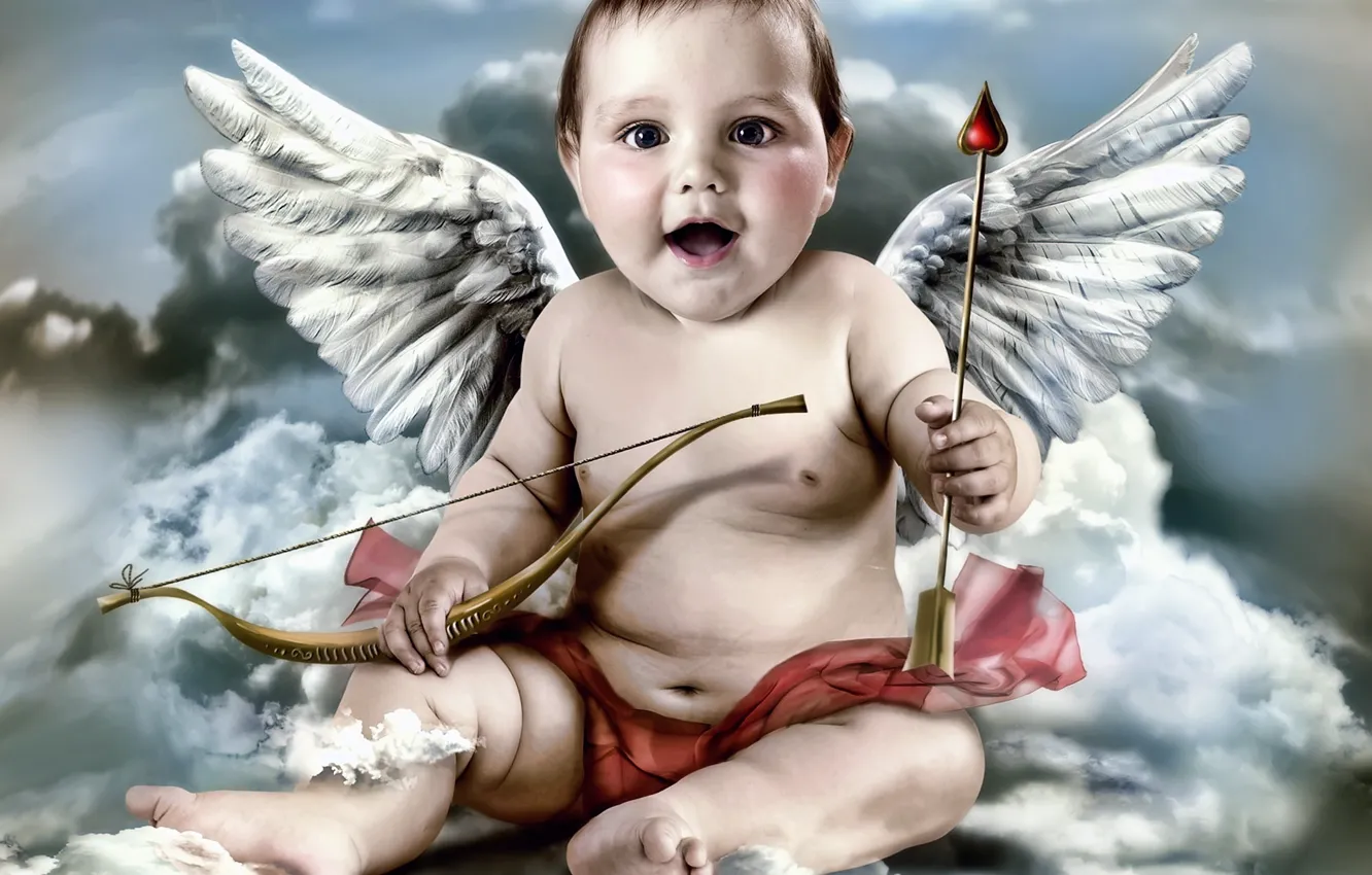 Фото обои облака, крылья, ангел, лук, стрела, купидон